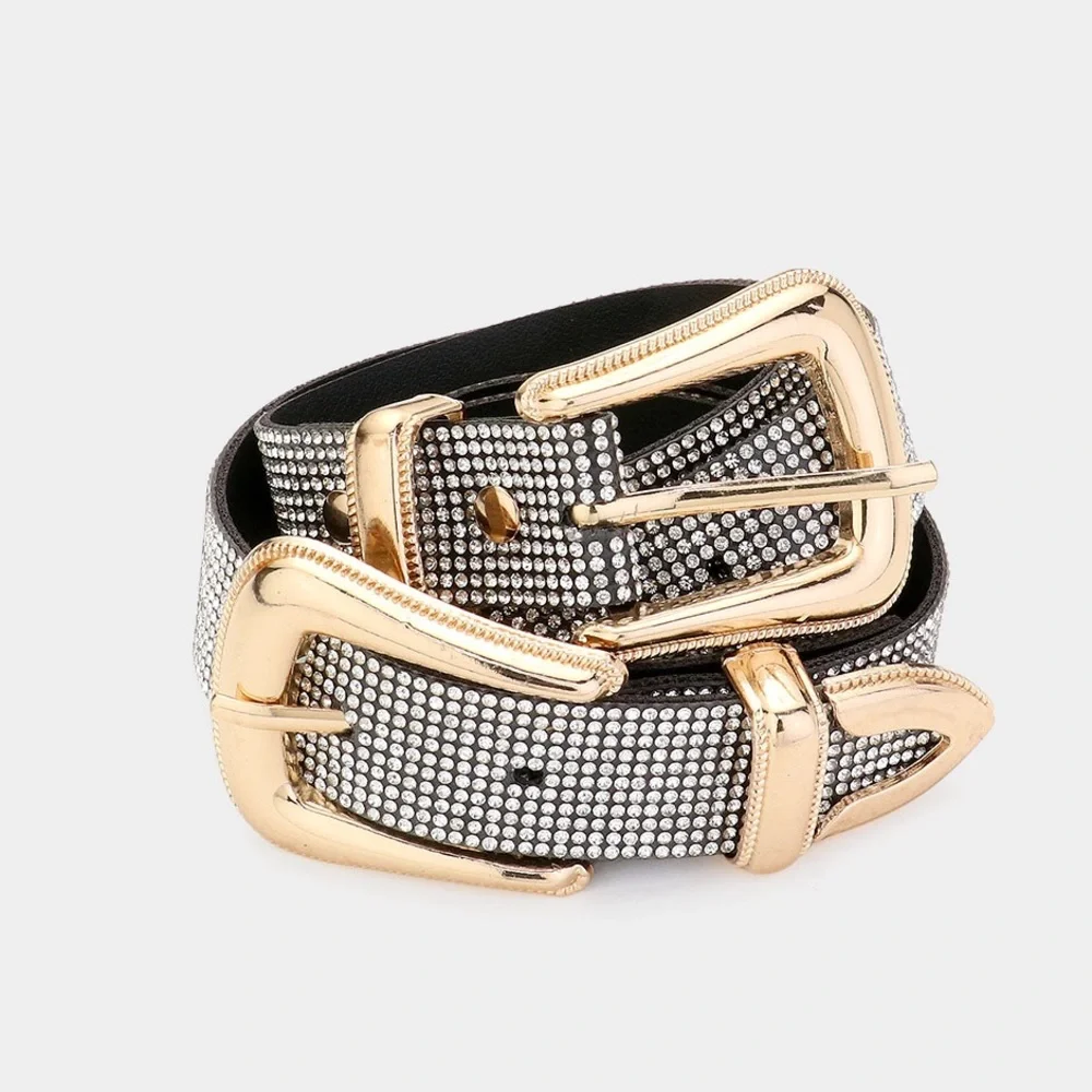 Rhinestone Pave Double Metal Buckle Statement Belt